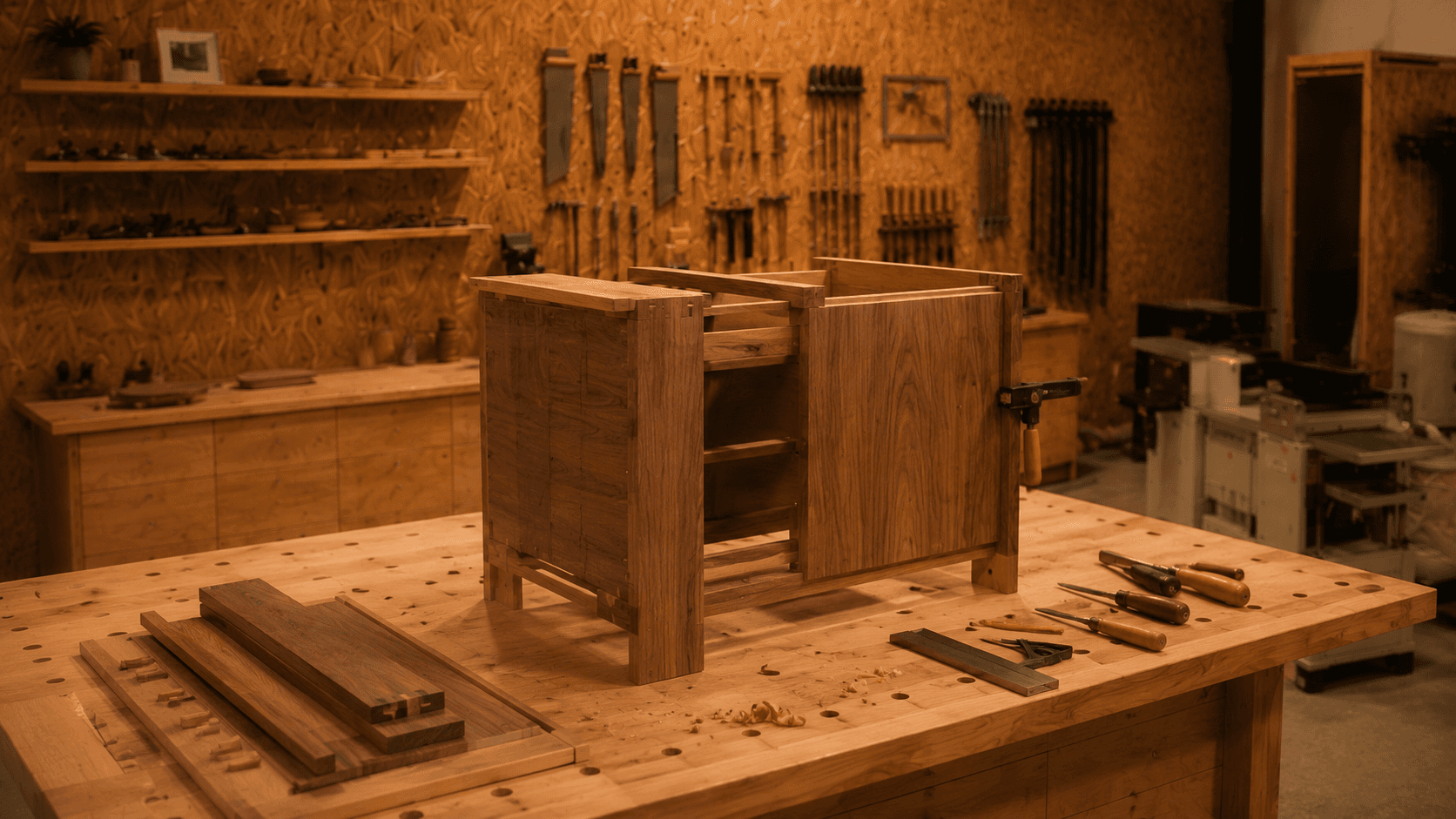 Walnut cabinet with dovetail joinery in progress on workbench in Migration Studio workshop